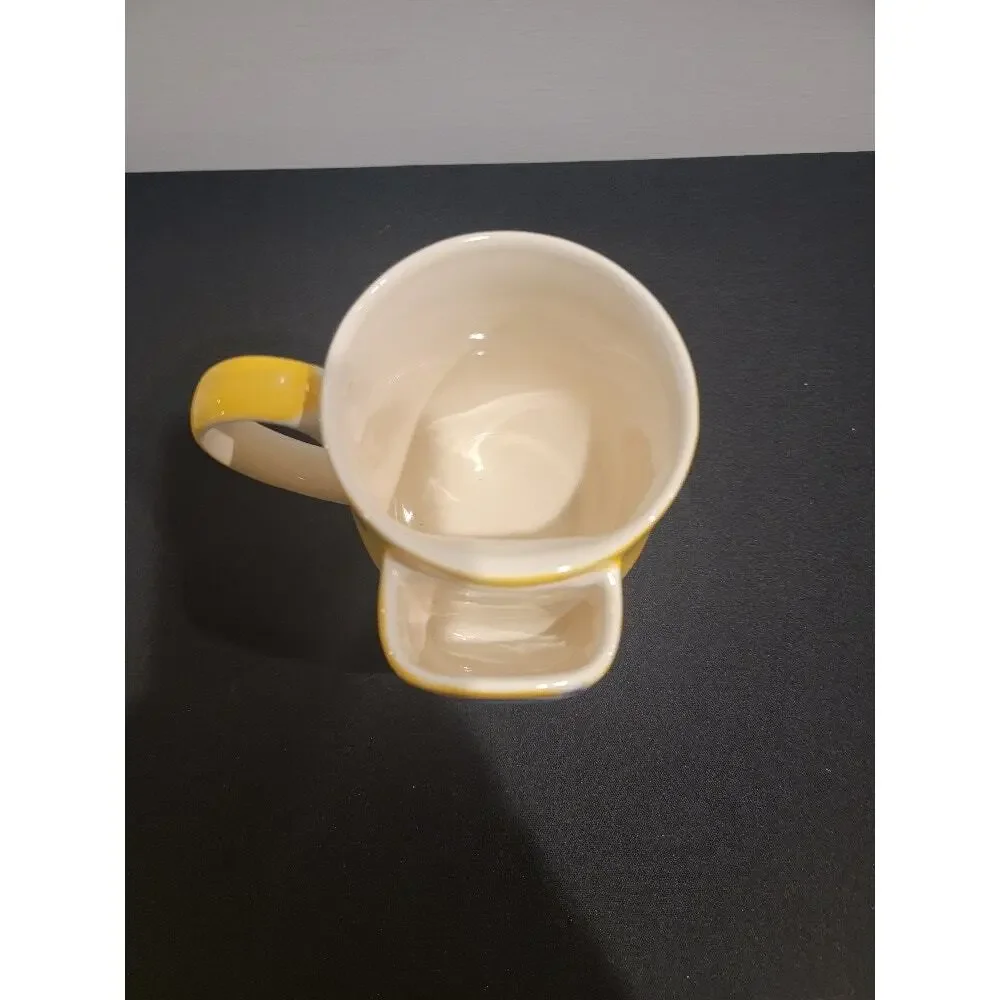 Hues N Brews Yellow Blue Ceramic Mug with‎ Side Teabag Pocket, Floral Design